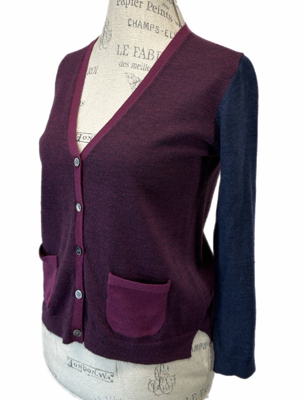 Jigsaw Womens Wool Cardigan Burgundy Navy Colorblock V Neck Button Sweater Small